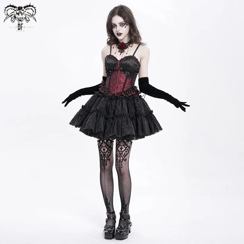 Gothic Tank Top mit Blumenstickerei und Rüschen für Damen zum Schnüren Rot