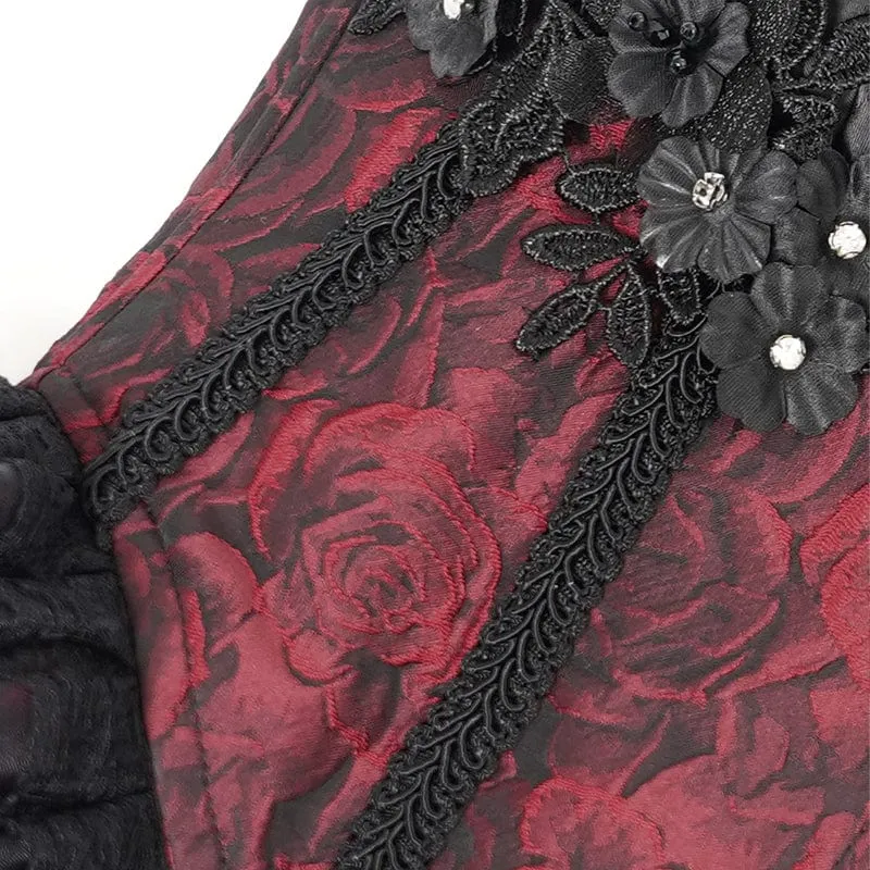 Gothic Tank Top mit Blumenstickerei und Rüschen für Damen zum Schnüren Rot
