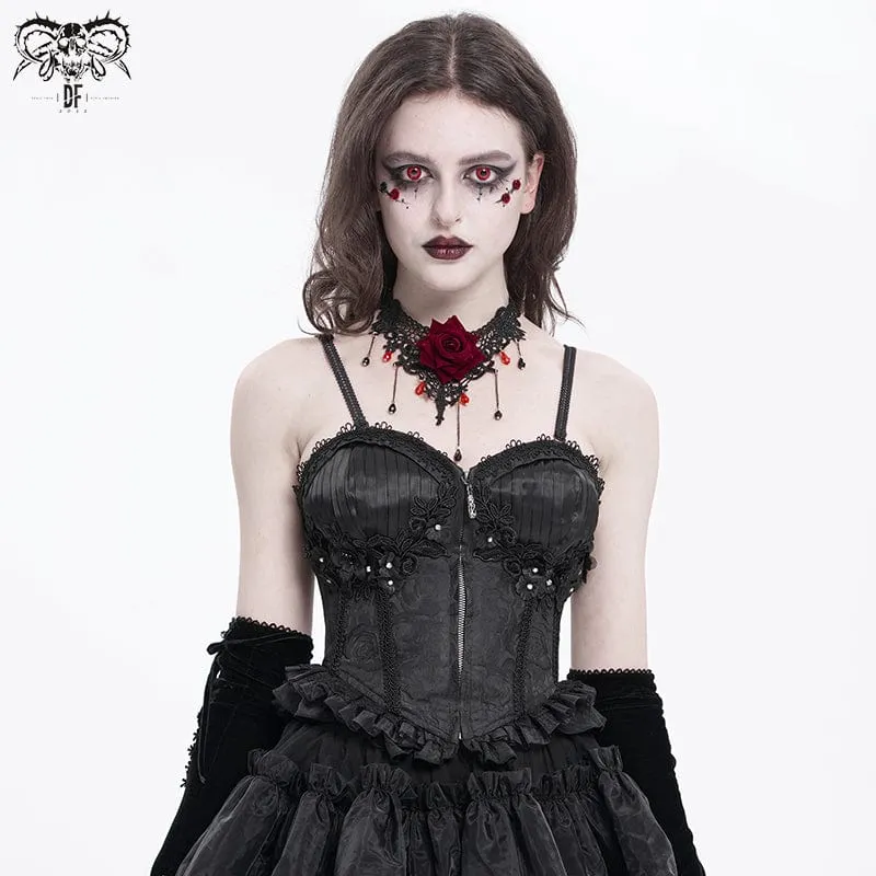 Gothic Tank Top mit Blumenstickerei und Rüschen für Damen in Schwarz