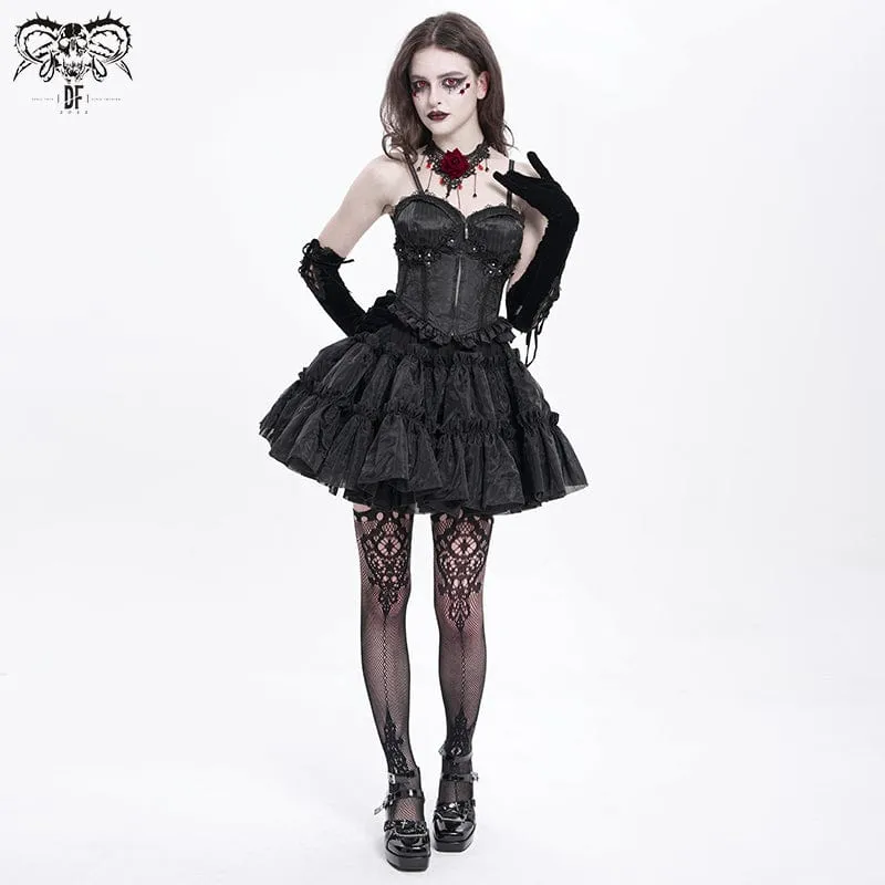Gothic Tank Top mit Blumenstickerei und Rüschen für Damen in Schwarz