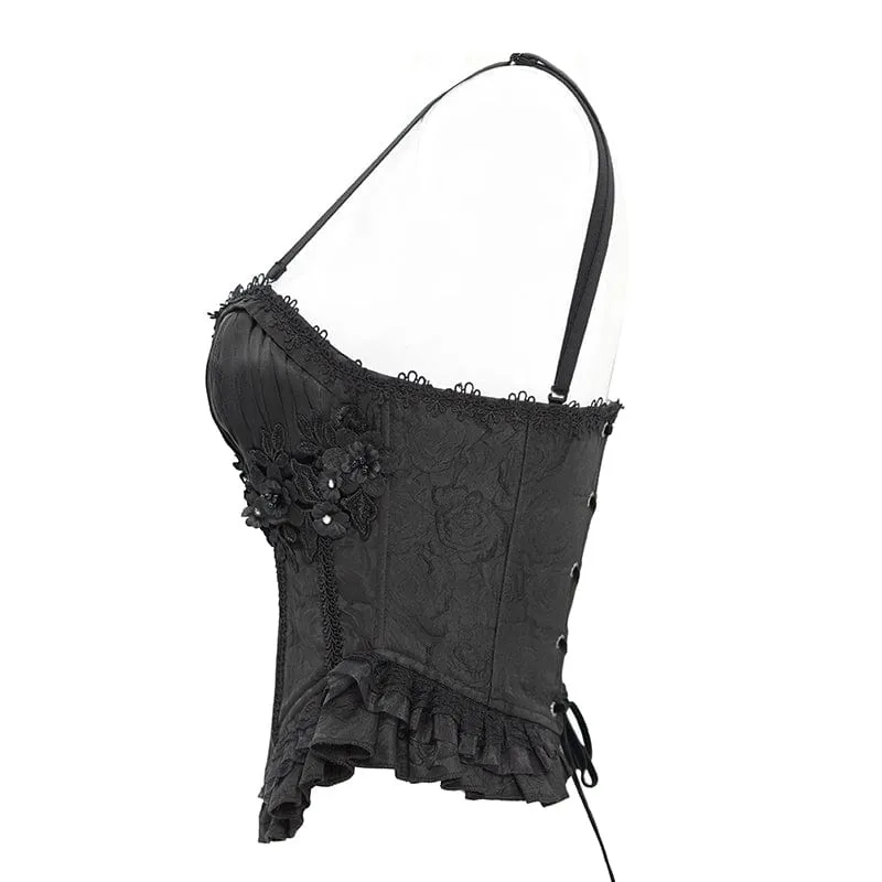 Gothic Tank Top mit Blumenstickerei und Rüschen für Damen in Schwarz