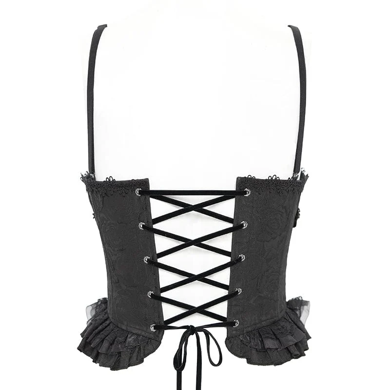 Gothic Tank Top mit Blumenstickerei und Rüschen für Damen in Schwarz