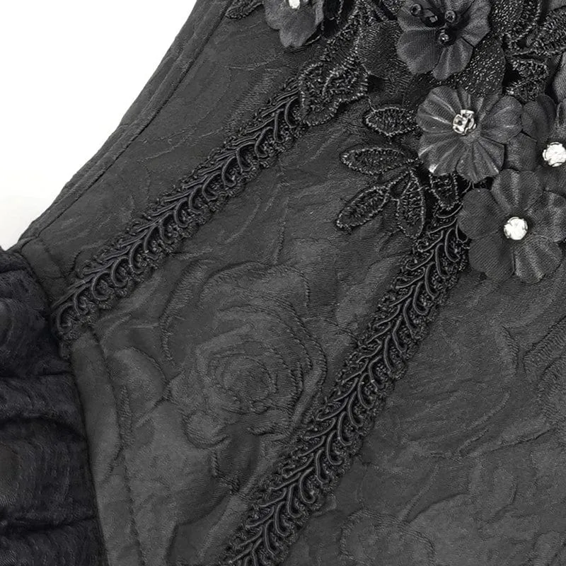 Gothic Tank Top mit Blumenstickerei und Rüschen für Damen in Schwarz
