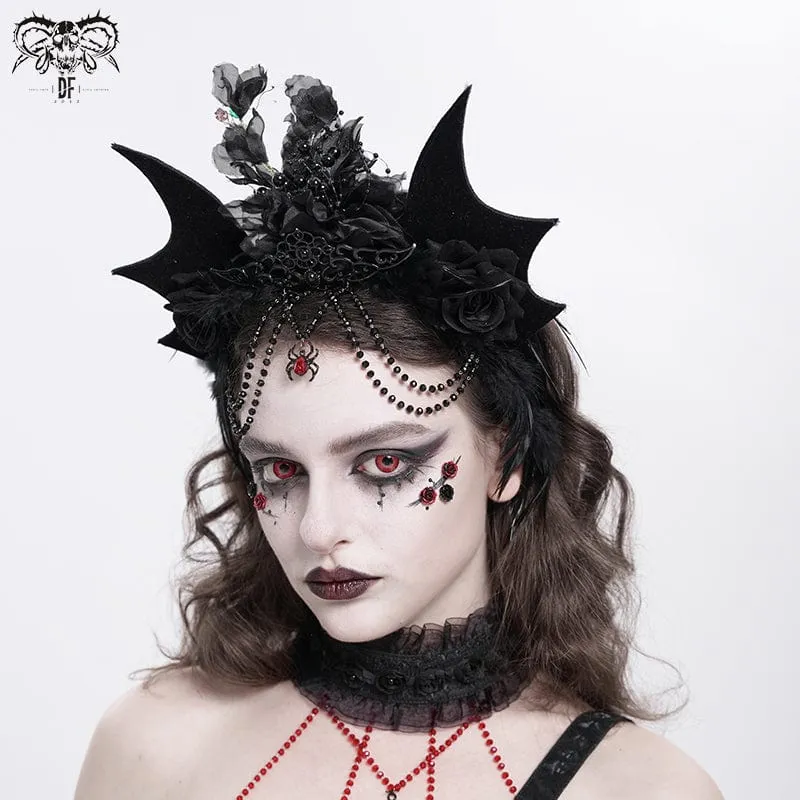 Gothic-Kopfbedeckung mit Fledermausflügeln und Rosenfedern für Damen