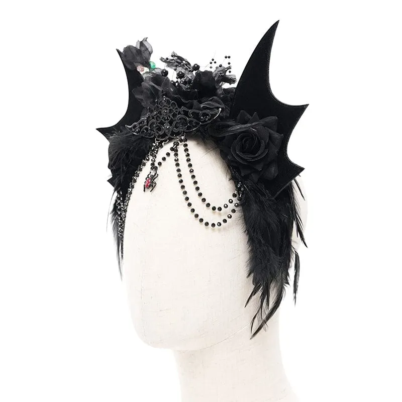 Gothic-Kopfbedeckung mit Fledermausflügeln und Rosenfedern für Damen