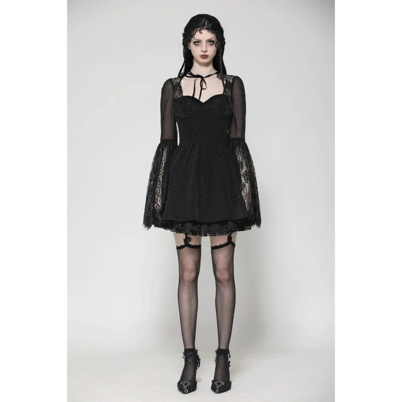 Gothic-Abendkleid mit ausgestellten Ärmeln und Spitzeneinsatz für Damen, Abschlusskleid
