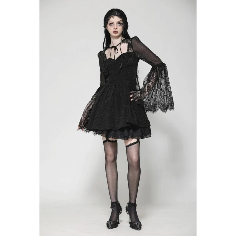 Gothic-Abendkleid mit ausgestellten Ärmeln und Spitzeneinsatz für Damen, Abschlusskleid