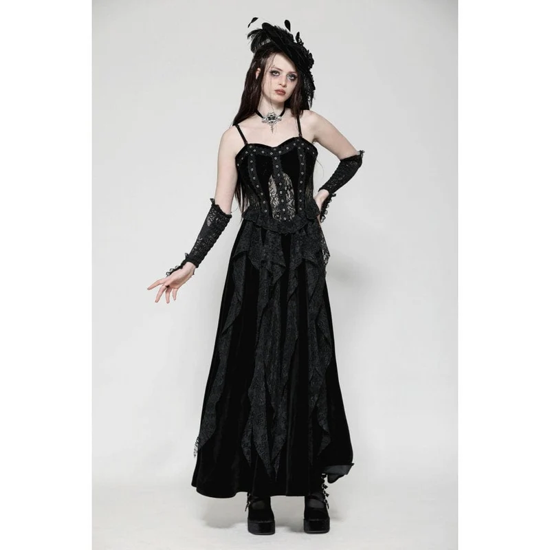 Gothic-Kleid aus Samt mit Rüschen, Rüschen, Spitze und Korsett-Einsätzen – Brautkleid
