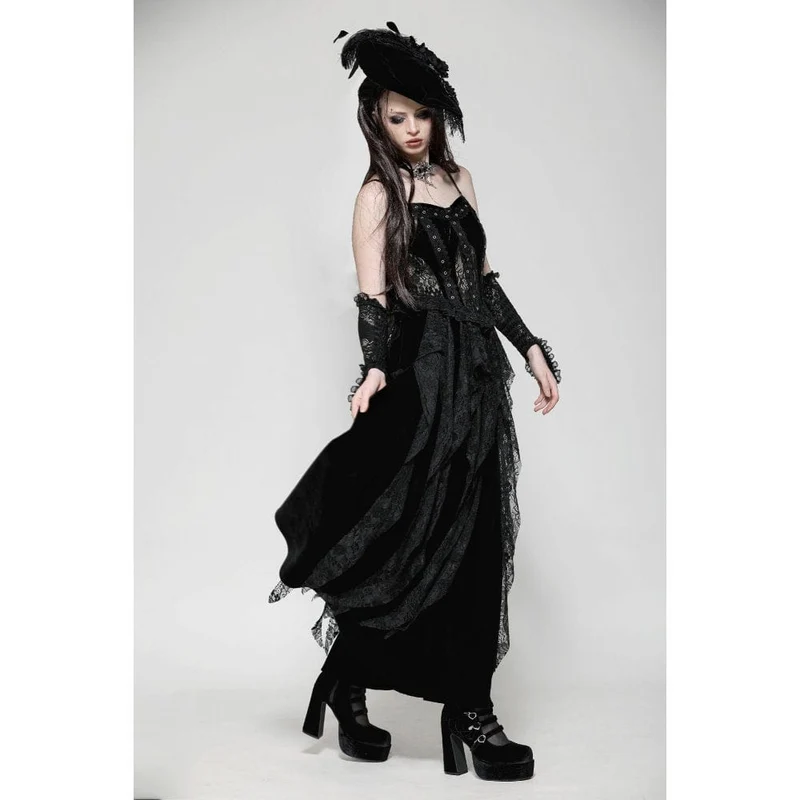 Gothic-Kleid aus Samt mit Rüschen, Rüschen, Spitze und Korsett-Einsätzen – Brautkleid