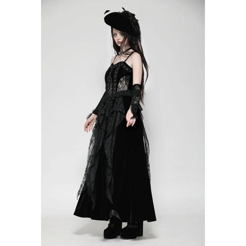 Gothic-Kleid aus Samt mit Rüschen, Rüschen, Spitze und Korsett-Einsätzen – Brautkleid