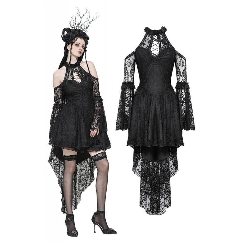 Gothic-Abendkleid aus Spitze mit schulterfreiem High/Low-Ausschnitt für Damen