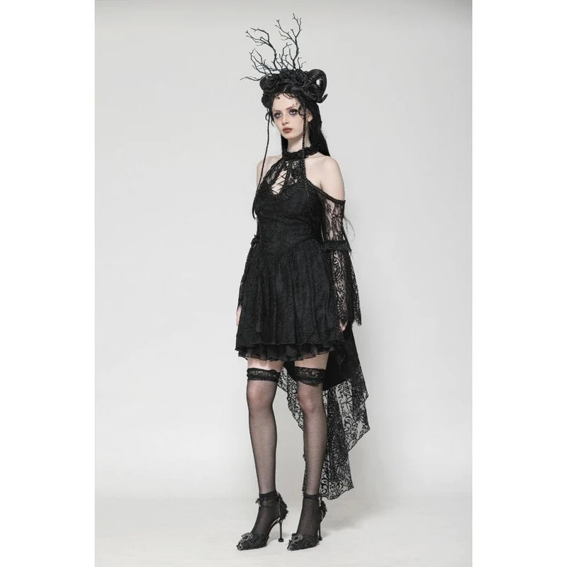 Gothic-Abendkleid aus Spitze mit schulterfreiem High/Low-Ausschnitt für Damen
