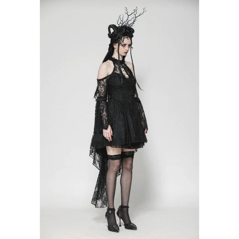 Gothic-Abendkleid aus Spitze mit schulterfreiem High/Low-Ausschnitt für Damen
