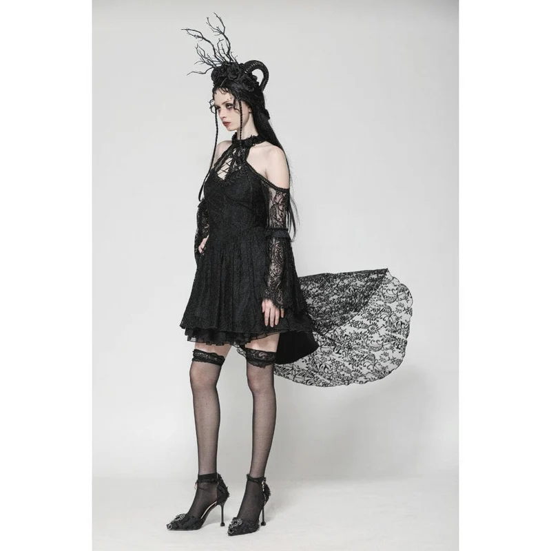 Gothic-Abendkleid aus Spitze mit schulterfreiem High/Low-Ausschnitt für Damen