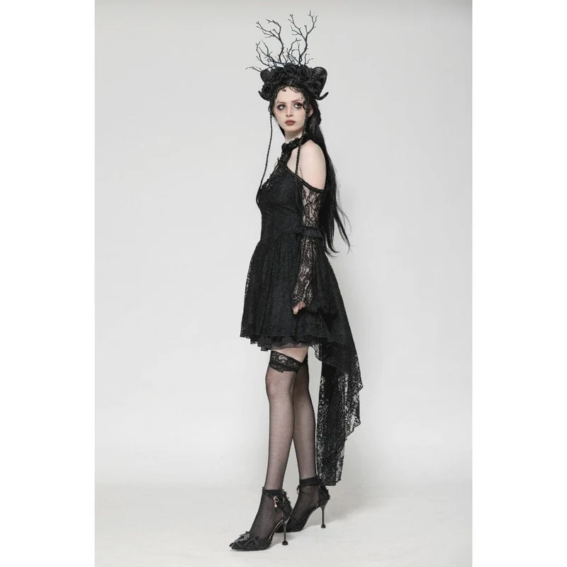 Gothic-Abendkleid aus Spitze mit schulterfreiem High/Low-Ausschnitt für Damen