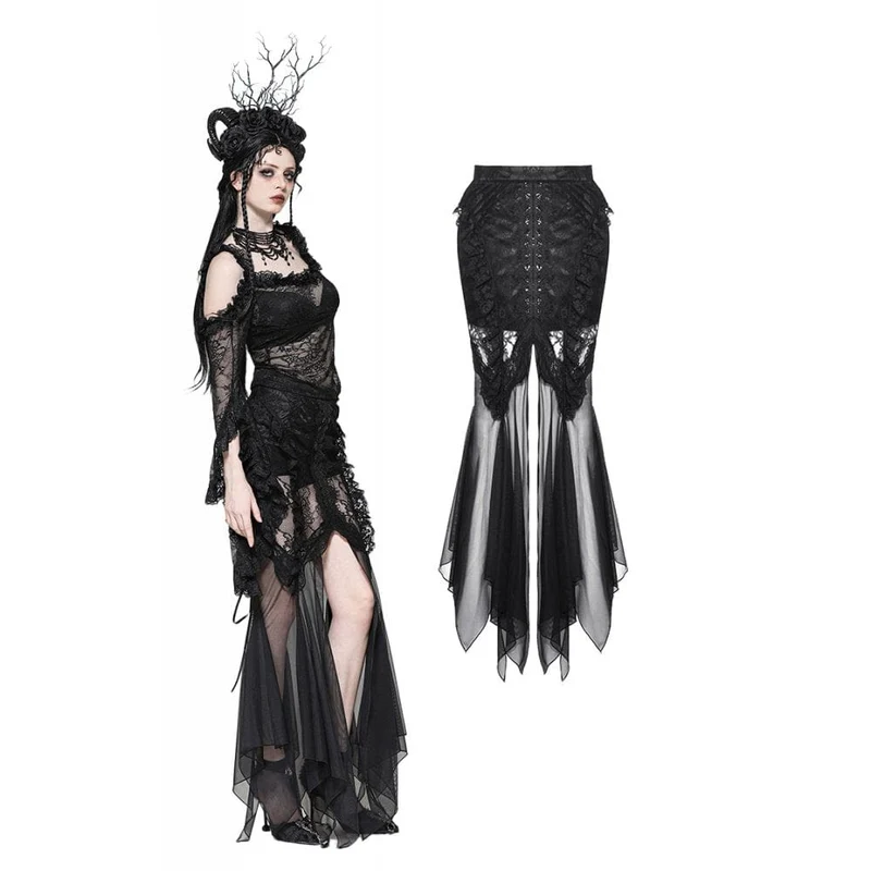 Gothic-Schnürrock aus Netzstoff mit Fischschwanzspitze für Damen