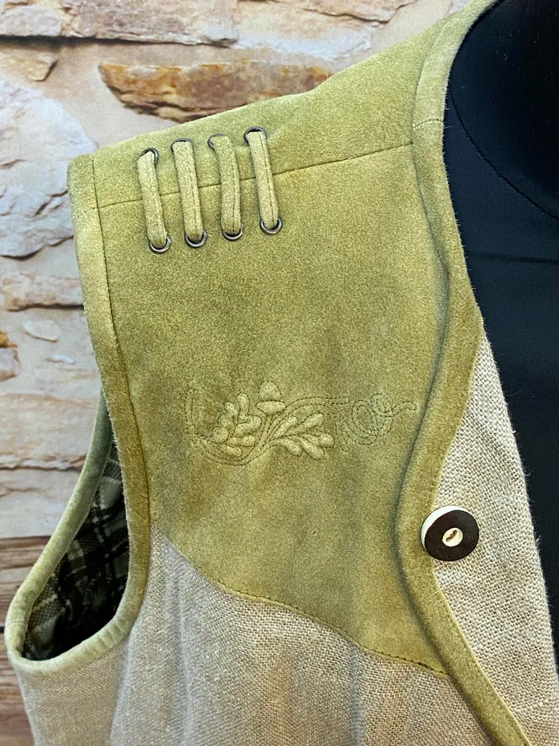 Trachtenweste Leinen Leder grün beige Vintage mit Stickerei