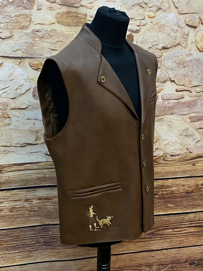 Trachtenweste braun Kunstleder Vintage mit Stickerei Motiv