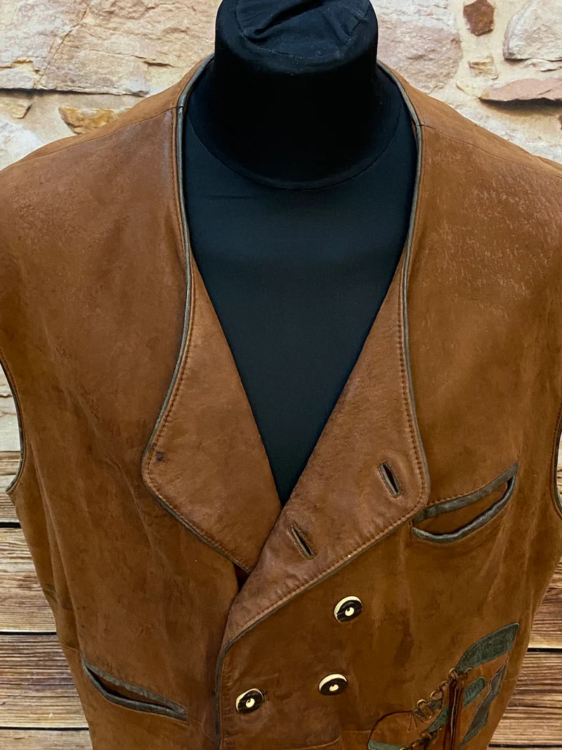 Trachtenweste Leder braun Vintage mit Motiv Stickerei SALE