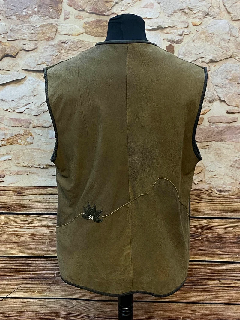 Trachtenweste Leder Lamm oliv Vintage mit Stickerei