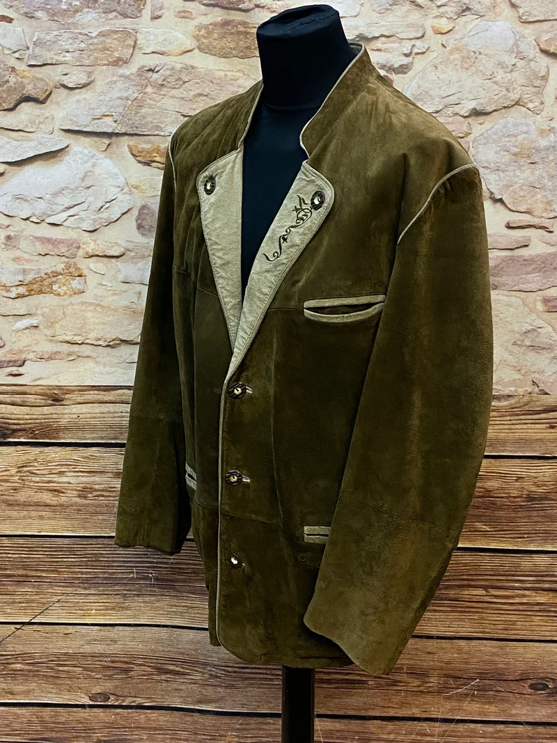 Trachtenjacke Herren Leder oliv-braun Vintage mit Stickerei