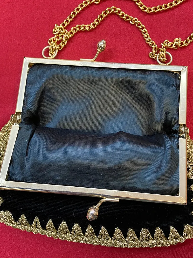 Vintage Abendtasche Schwarz Gold Samt mit Metallbügel – Kettentasche Elegant
