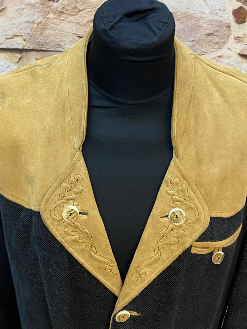 Vintage Trachten Lederjacke Herren Schwarz Braun mit Stickerei – Größe 50