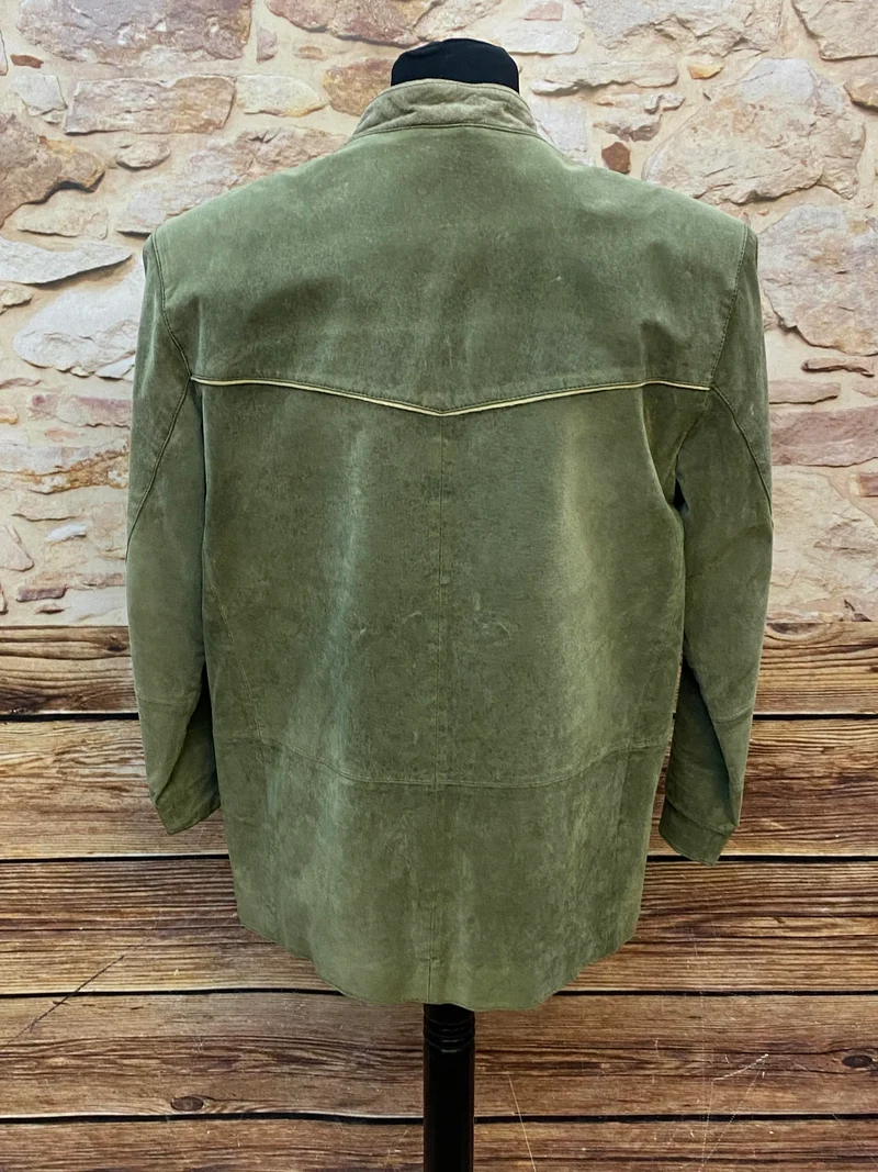 Vintage Trachten Lederjacke Herren Oliv Beige Zweifarbig – Größe 24