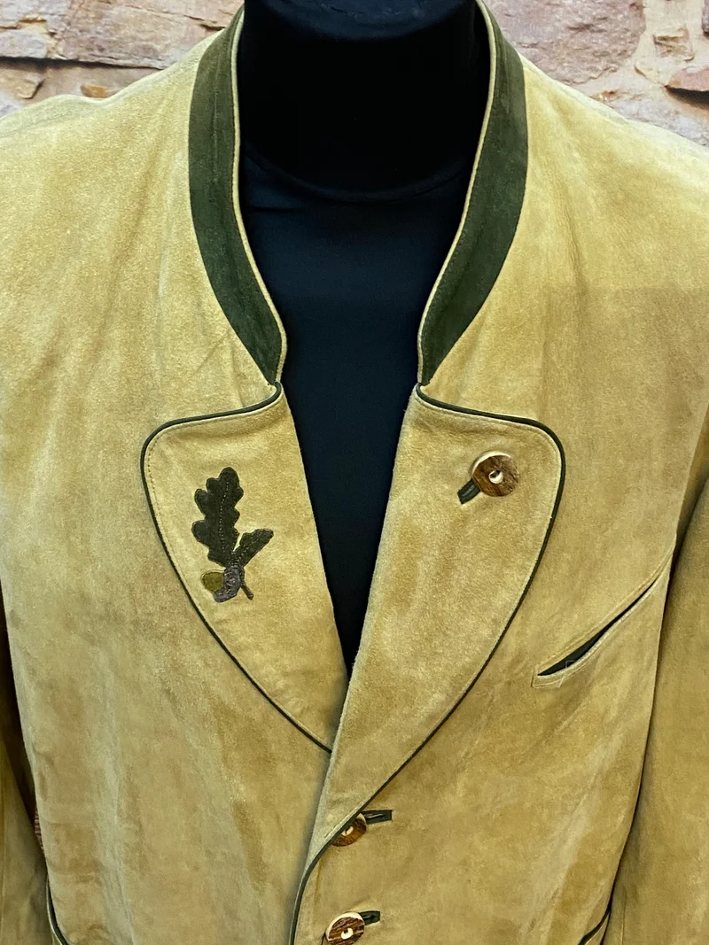 Vintage Trachten Lederjacke Herren Beige Oliv mit Stickerei – Größe 26