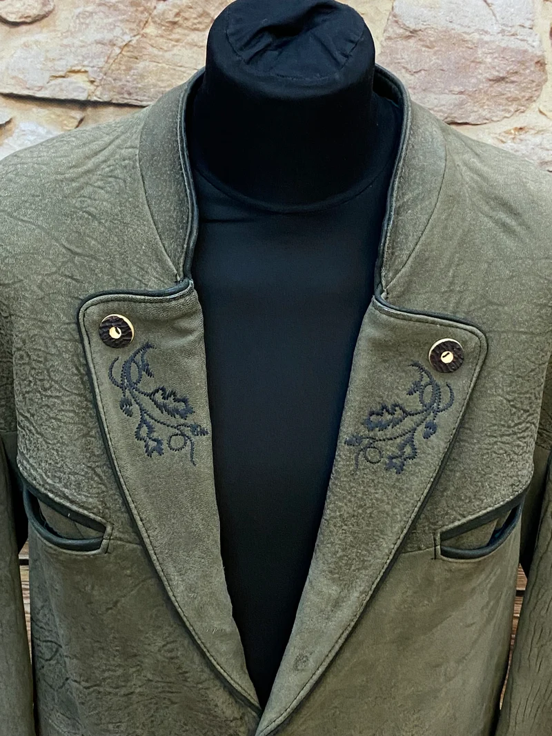 Vintage Trachten Lederjacke Herren Oliv Klassisch mit Stickerei – Größe 26