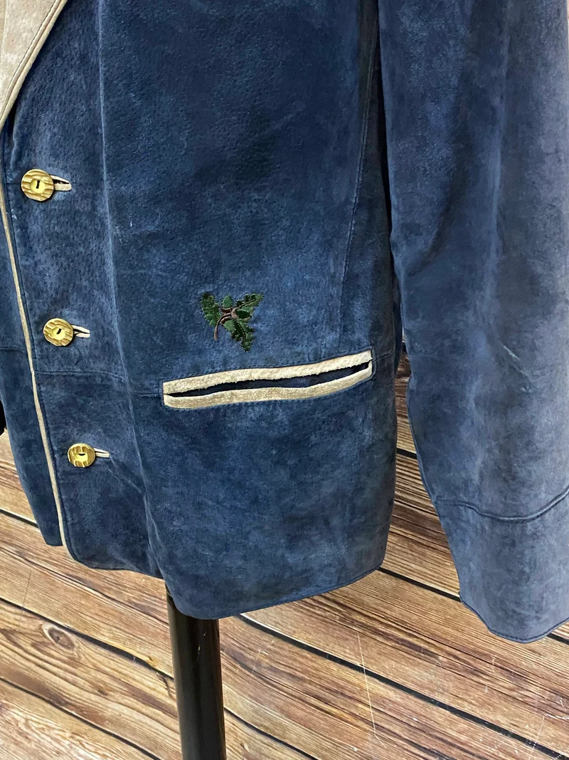 Vintage Trachten Lederjacke Herren Blau Beige mit Stickerei – Größe 25