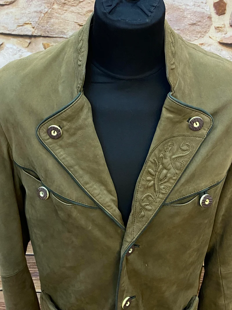 Vintage Trachten Lederjacke Herren Oliv Klassisch mit Stickerei – Größe 25