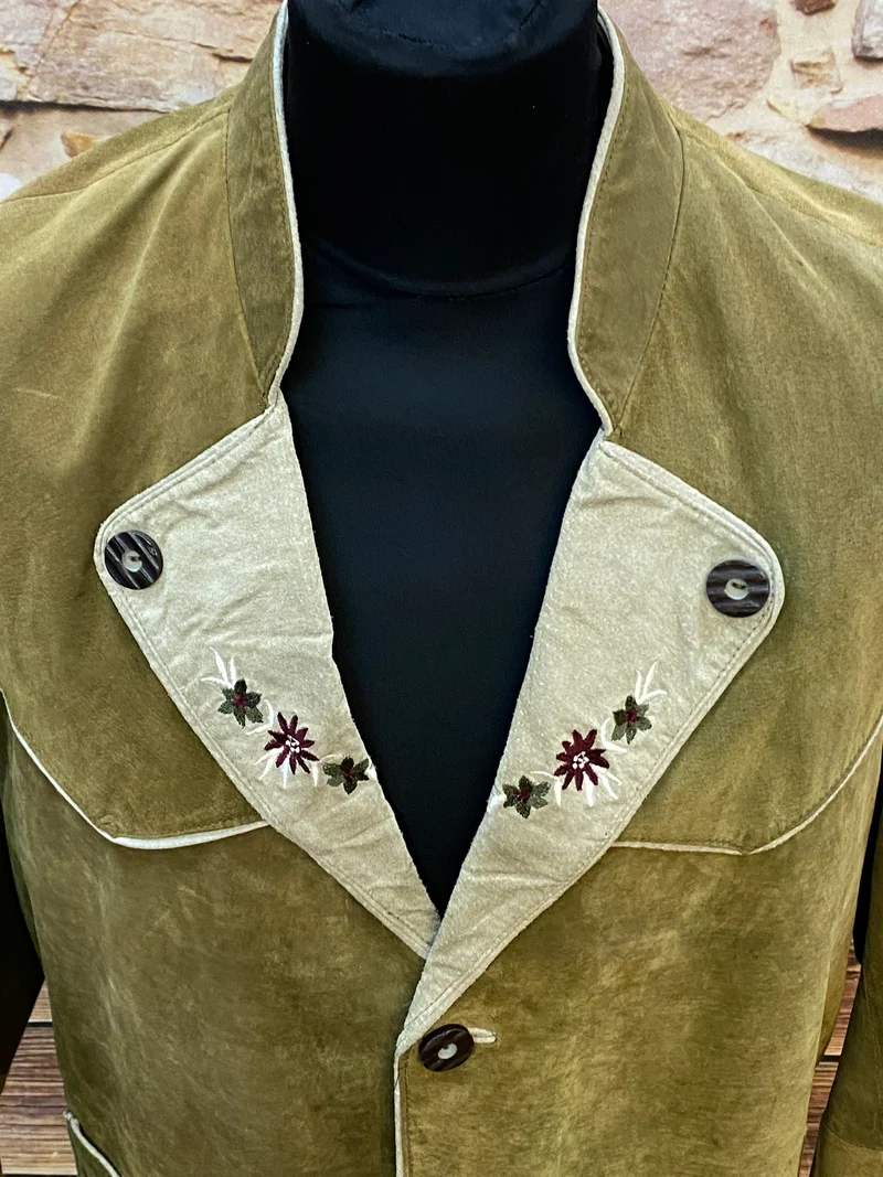 Vintage Trachten Lederjacke Herren Oliv mit Stickerei – Größe 54