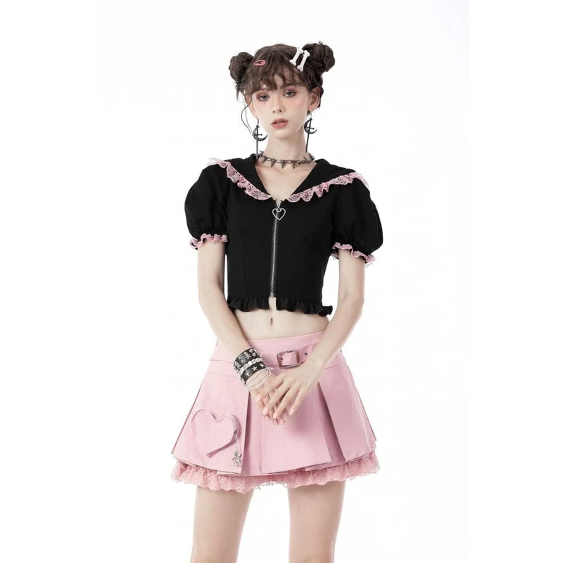 Kurzärmliges Lolita-Crop-Top mit Frontreißverschluss und Katzenkapuze