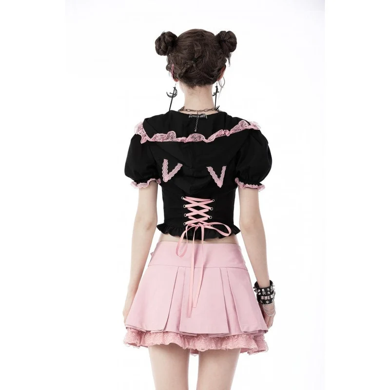 Kurzärmliges Lolita-Crop-Top mit Frontreißverschluss und Katzenkapuze