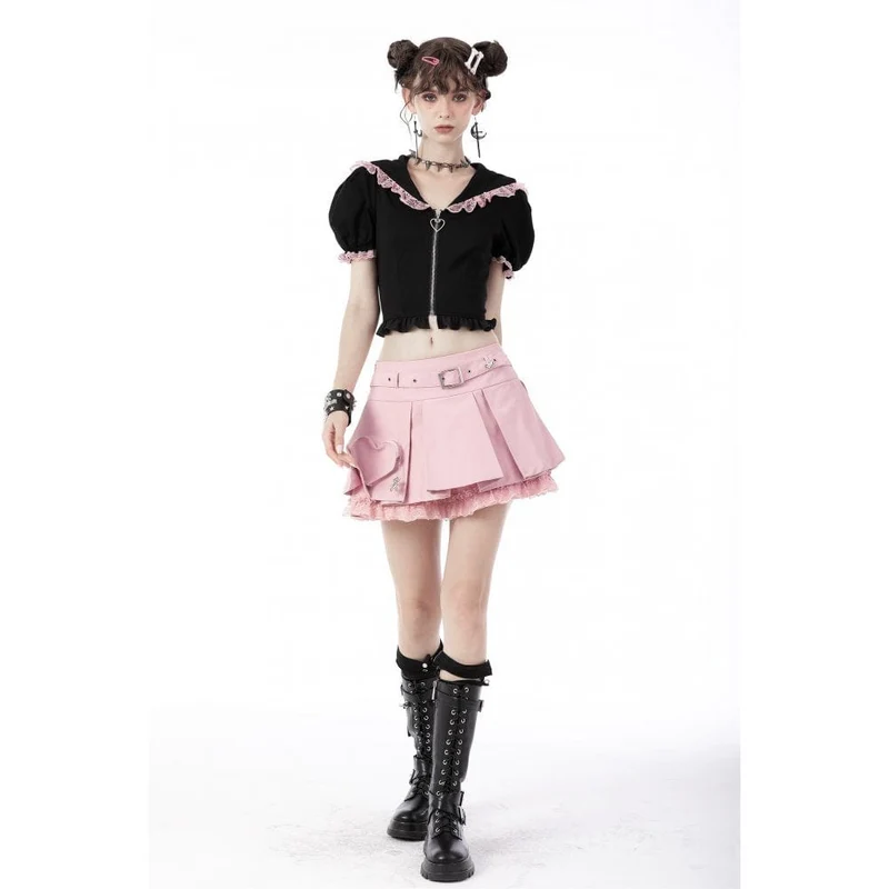 Kurzärmliges Lolita-Crop-Top mit Frontreißverschluss und Katzenkapuze