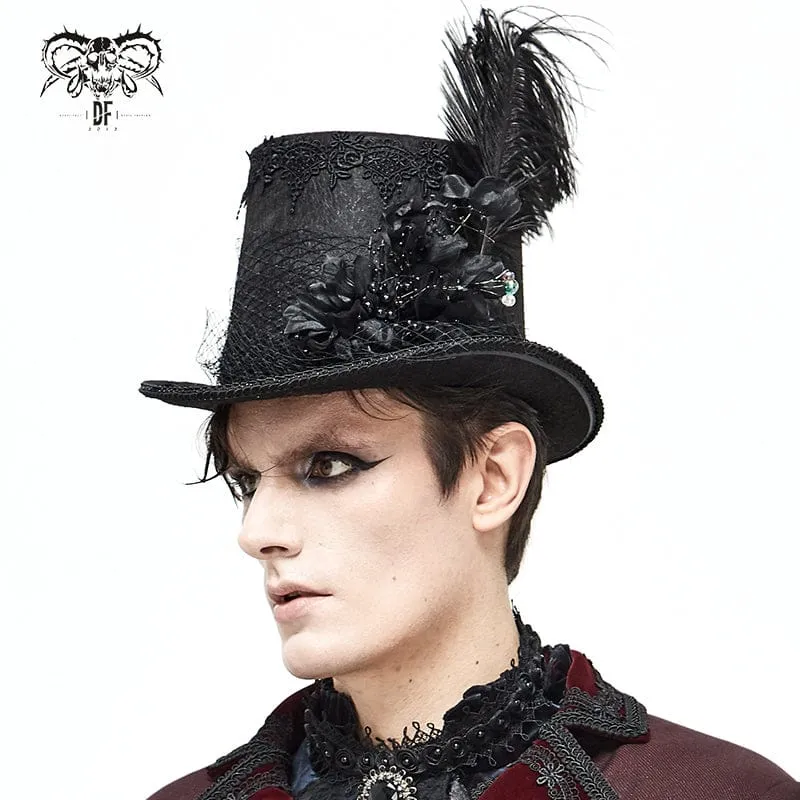 Unisex Gothic Noir Zylinderhut mit Blumenmuster und Federn sowie Netzschleier
