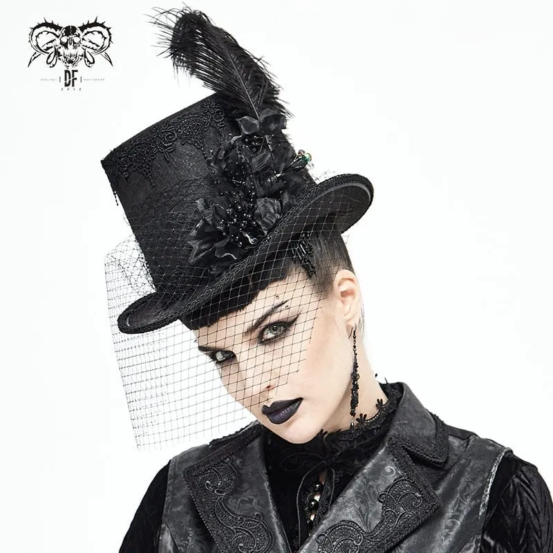 Unisex Gothic Noir Zylinderhut mit Blumenmuster und Federn sowie Netzschleier