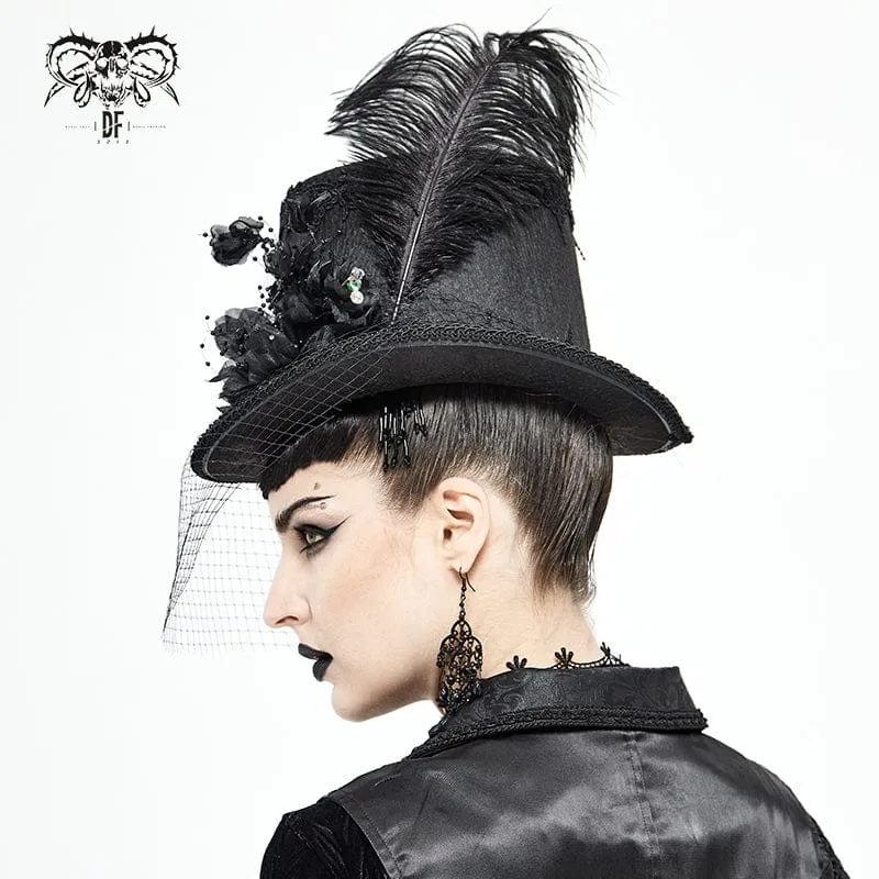 Unisex Gothic Noir Zylinderhut mit Blumenmuster und Federn sowie Netzschleier