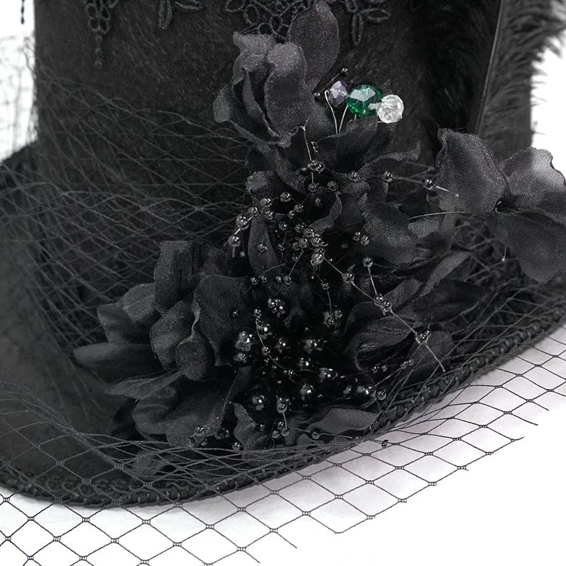 Unisex Gothic Noir Zylinderhut mit Blumenmuster und Federn sowie Netzschleier