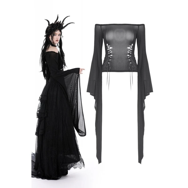 Schulterfreie Gothic-Mesh-Bluse mit Schnürung für Damen