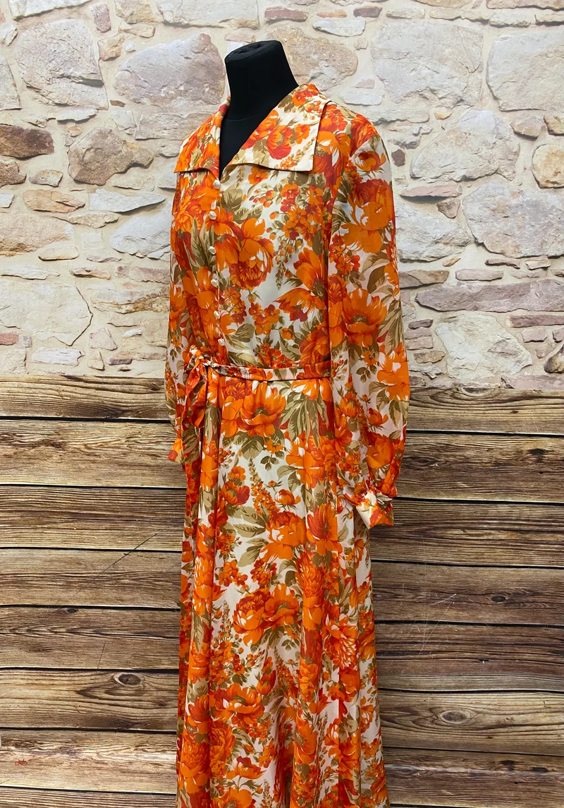 70er Jahre Maxi-Kleid True Vintage Original Gr.44 orange