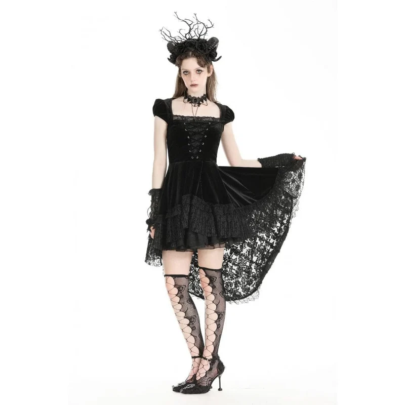 Damen-Gothic-Kleid aus Samt mit hohem/niedrigem Spitzenspleiß