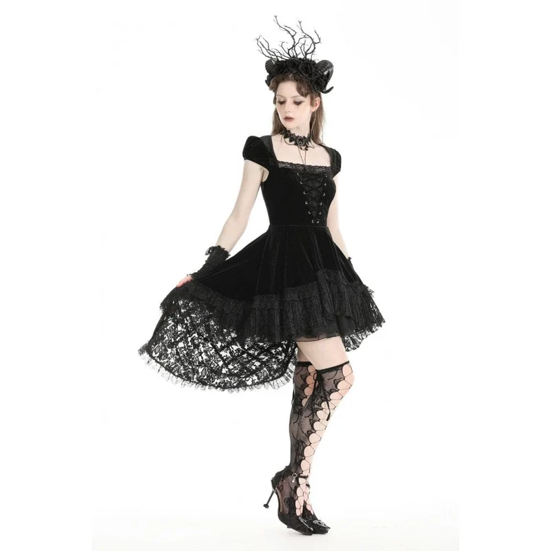 Damen-Gothic-Kleid aus Samt mit hohem/niedrigem Spitzenspleiß