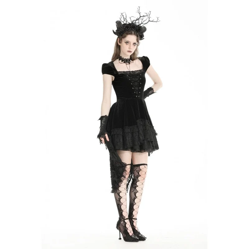 Damen-Gothic-Kleid aus Samt mit hohem/niedrigem Spitzenspleiß