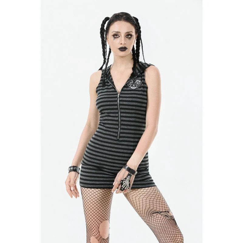 Gestreiftes Punk-Kleid mit Frontreißverschluss und Kapuze für Damen