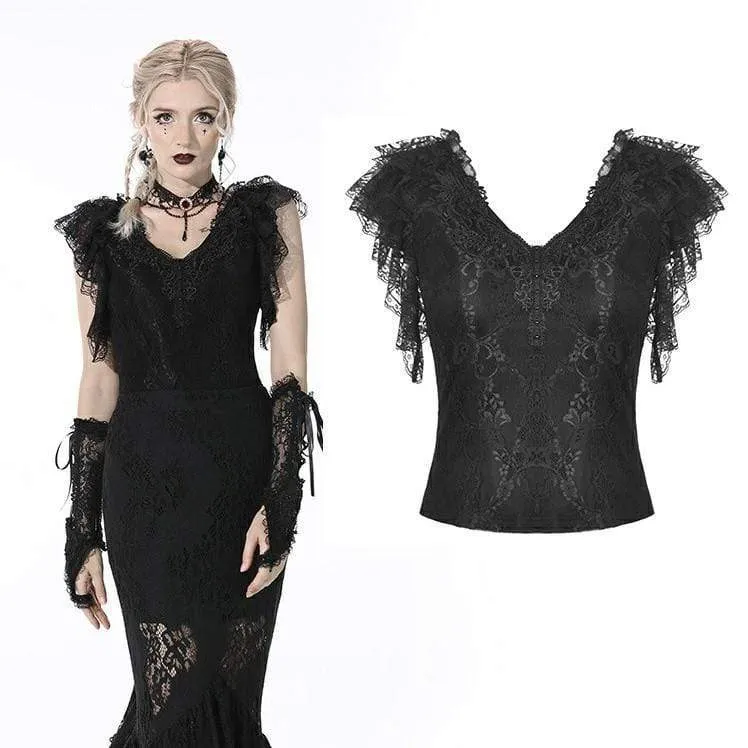 DIL Gothic-Crop-Top für Damen, tief ausgeschnitten, mit Rüschen, schwarz