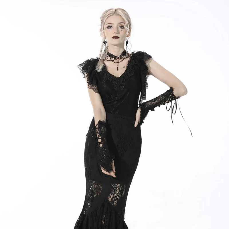 DIL Gothic-Crop-Top für Damen, tief ausgeschnitten, mit Rüschen, schwarz