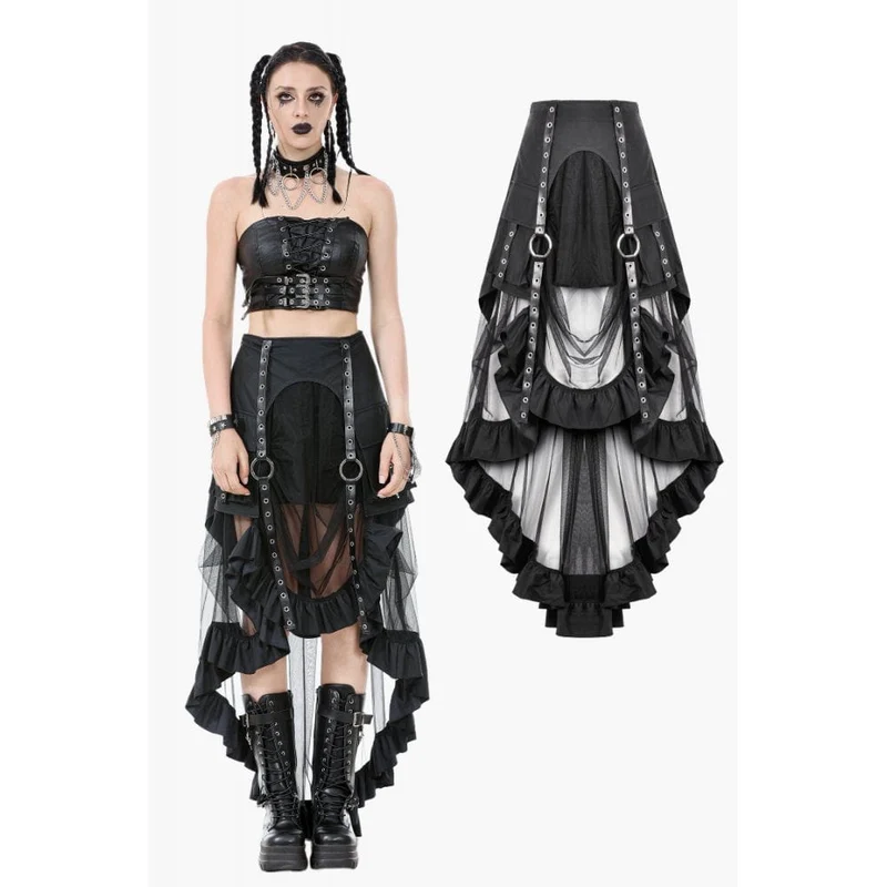 Punk-Rock aus Kunstleder mit mehrlagigen Trägern und hohem/niedrigem Netzstoff für Damen