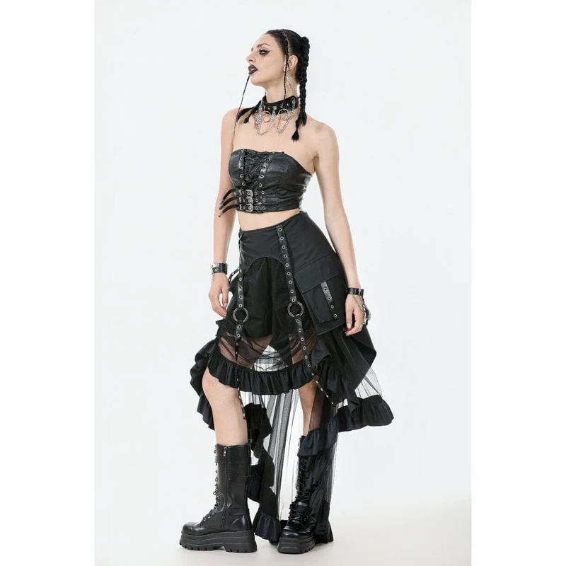 Punk-Rock aus Kunstleder mit mehrlagigen Trägern und hohem/niedrigem Netzstoff für Damen